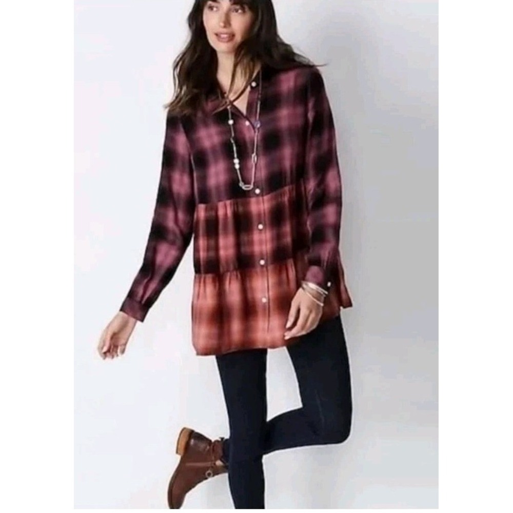 J Jill Multicolor Ombre Plaid Button Front Tunic Shirt Top Womens‎ Medium